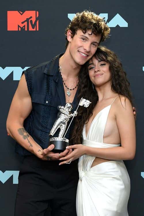 Shawn Mendes and Camila Cabello pose with the Best Collaboration Award in the Press Room during the 2019 MTV Video Music Awards at Prudential Center on August 26, 2019 in Newark, New Jersey.