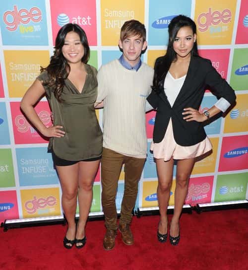 Actors Jenna Ushkowitz, Kevin McHale and Naya Rivera attend the Glee Samsung AT&T spring fling at Gansevoort Park Lounge on June 15, 2011 in New York City.
