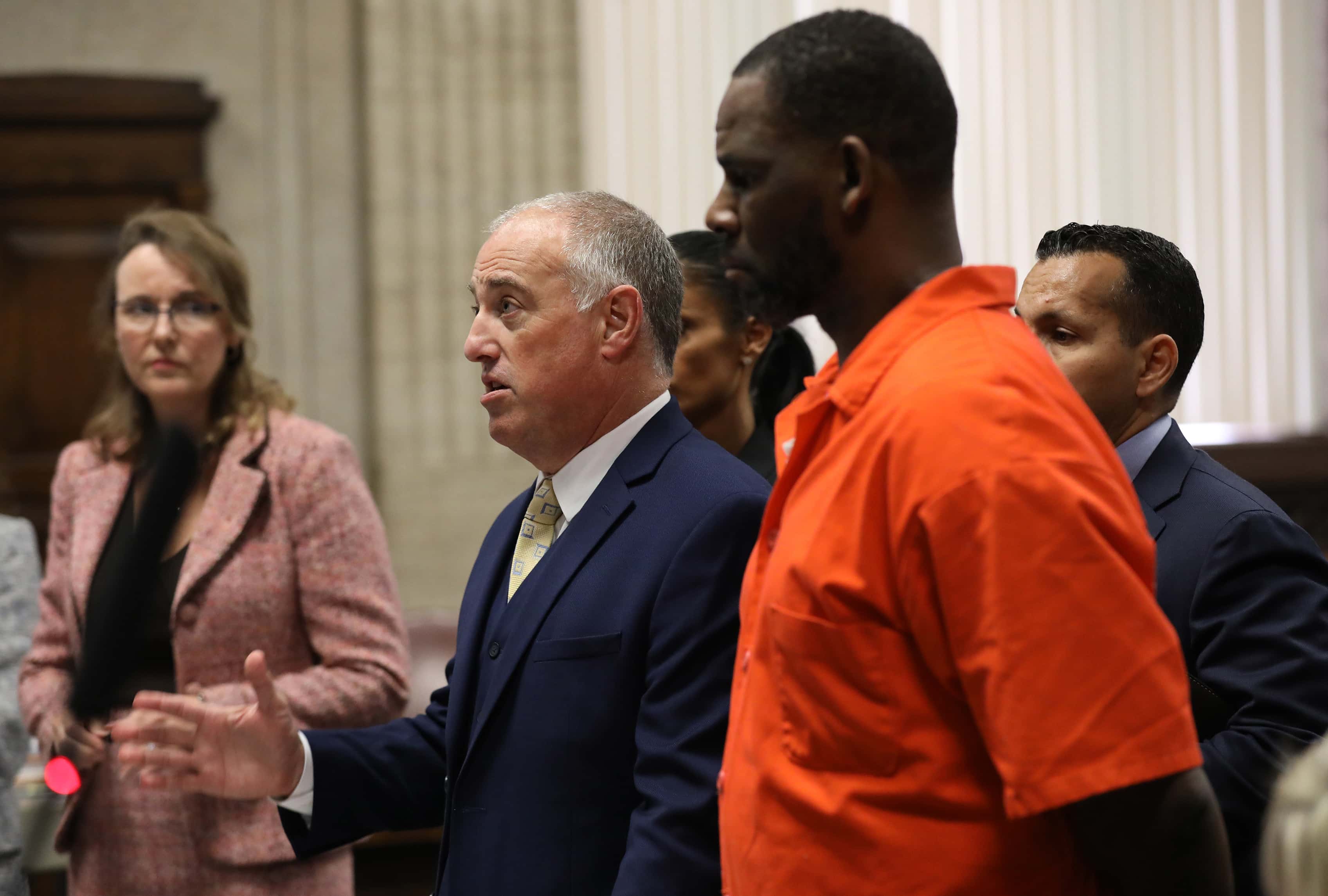 Singer R. Kelly appears standing beside his attorney, Steven Greenberg during a hearing at the Leighton Criminal Courthouse on September 17, 2019 in Chicago, Illinois.  Kelly is facing multiple sexual assault charges and is being held without bail.