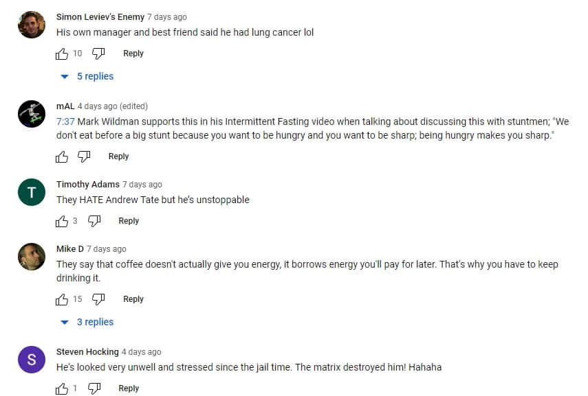 Comments left on Andrew Tate (Valutainment/YouTube)