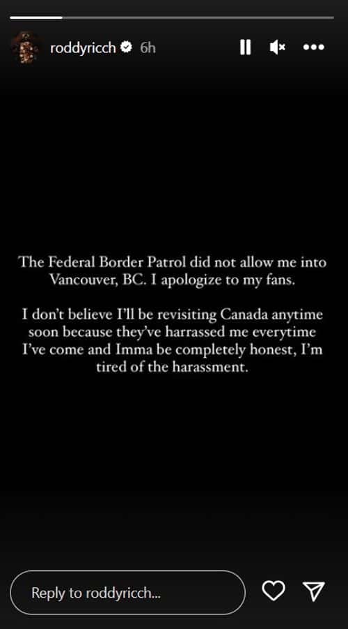 Roddy Ricch's Instagram post about being 'harassed' by Canadian customs (Instagram/@roddyricch)