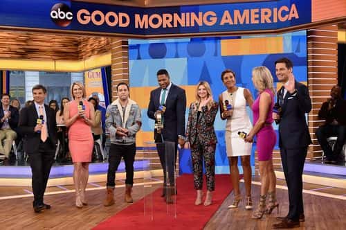 (L-R) George Stephanopoulos, Lara Spencer, Pete Wentz, Michael Strahan, Julia Michaels and Robin Roberts attend 2017 Billboard Music Awards Nominations Announcement at Good Morning America Studios on April 10, 2017 in Los Angeles, California.