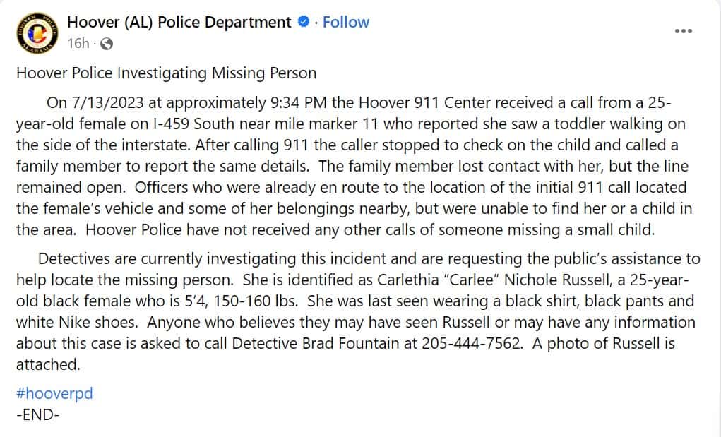 Hoover Police Department's post (Facebook/@Hoover (AL) Police Department)