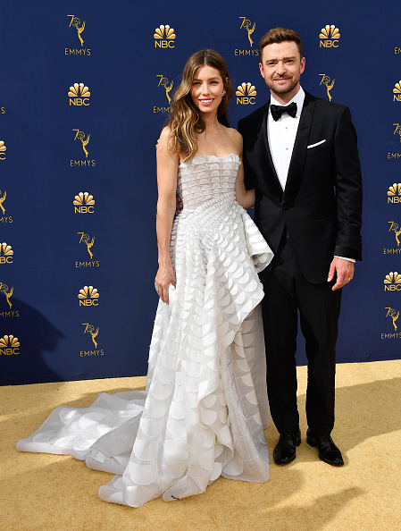 Jessica Biel (L) and Justin Timberlake attend the 70th Emmy Awards at Microsoft Theater on September 17, 2018 in Los Angeles, California. (Photo by Frazer Harrison/Getty Images)