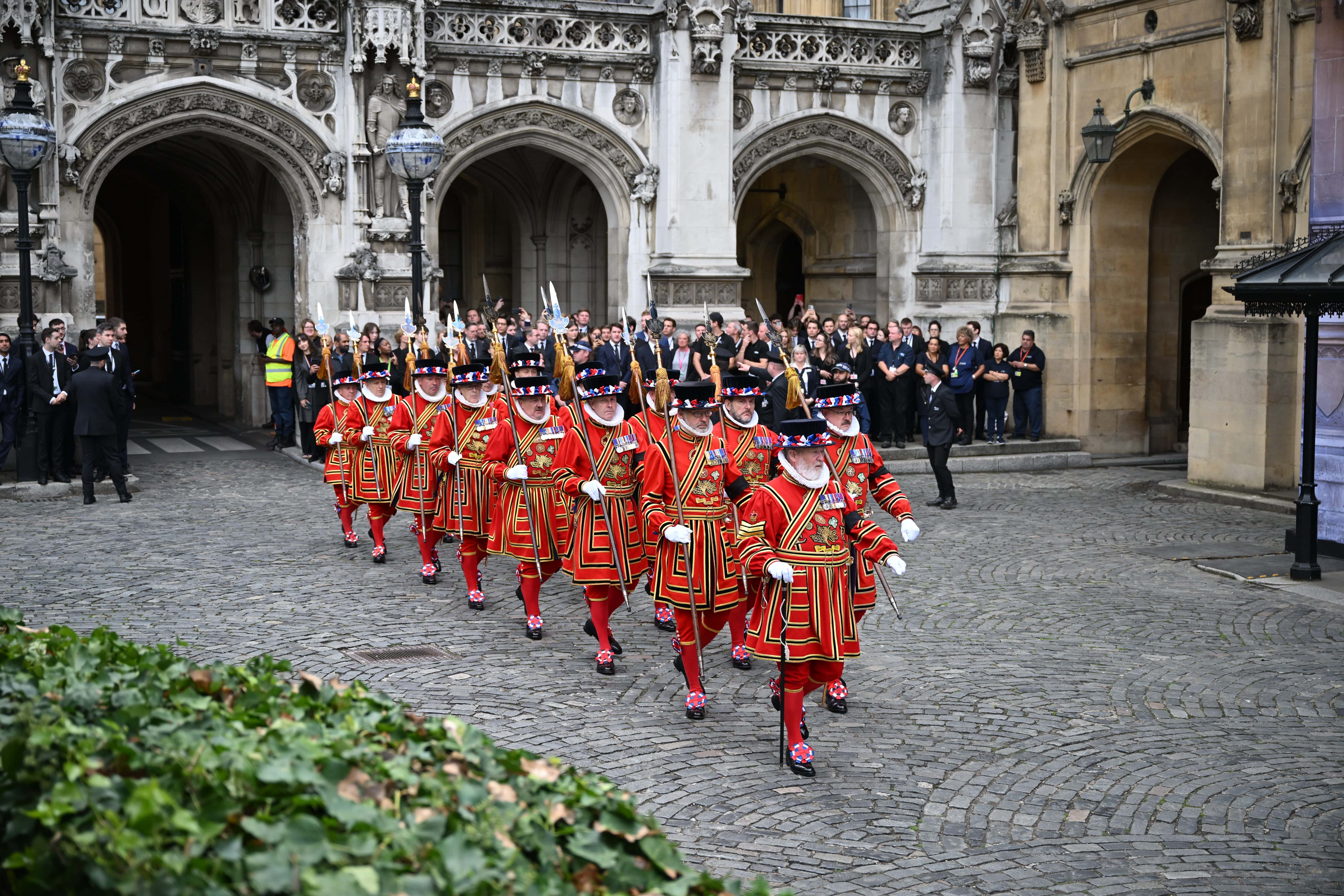 Yeomen of the Guard arrive at the Palace of Westminster ahead of the presentation of Addresses by both Houses of Parliament in Westminster Hall at the Houses of Parliament on September 12, 2022 in London, England. The Lord Speaker and the Speaker of the House of Commons presented an Address to His Majesty on behalf of their respective House in Westminster Hall following the death of Her Majesty Queen Elizabeth II. The King replied to the Addresses. Queen Elizabeth II died at Balmoral Castle in Scotland on September 8, 2022, and is succeeded by her eldest son, King Charles III. (Photo by Leon Neal/Getty Images)