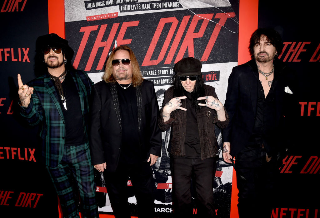 (L-R) Nikki Sixx, Vince Neil, Mick Mars and Tommy Lee of Motley Crue arrive at the premiere of Netflix's 'The Dirt' at ArcLight Hollywood on March 18, 2019, in Hollywood, California. (Source: Kevin Winter/Getty Images)
