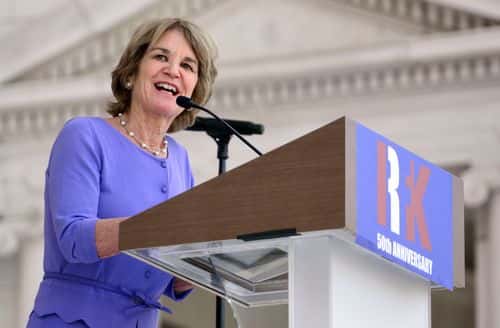 Kathleen Kennedy Townsend delivers opening remarks during a Remembrance and Celebration of the Life & Enduring Legacy of Robert F. Kennedy event taking place at Arlington National Cemetery on June 6, 2018 in Arlington, Virginia.