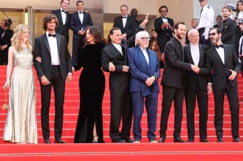 (L to R) Pauline Pollmann, Diego Le Fur, Director Maïwenn, Johnny Depp, Pierre Richard, Benjamin Lavernhe, Pascal Greggory and Melvil Poupaud attend the 