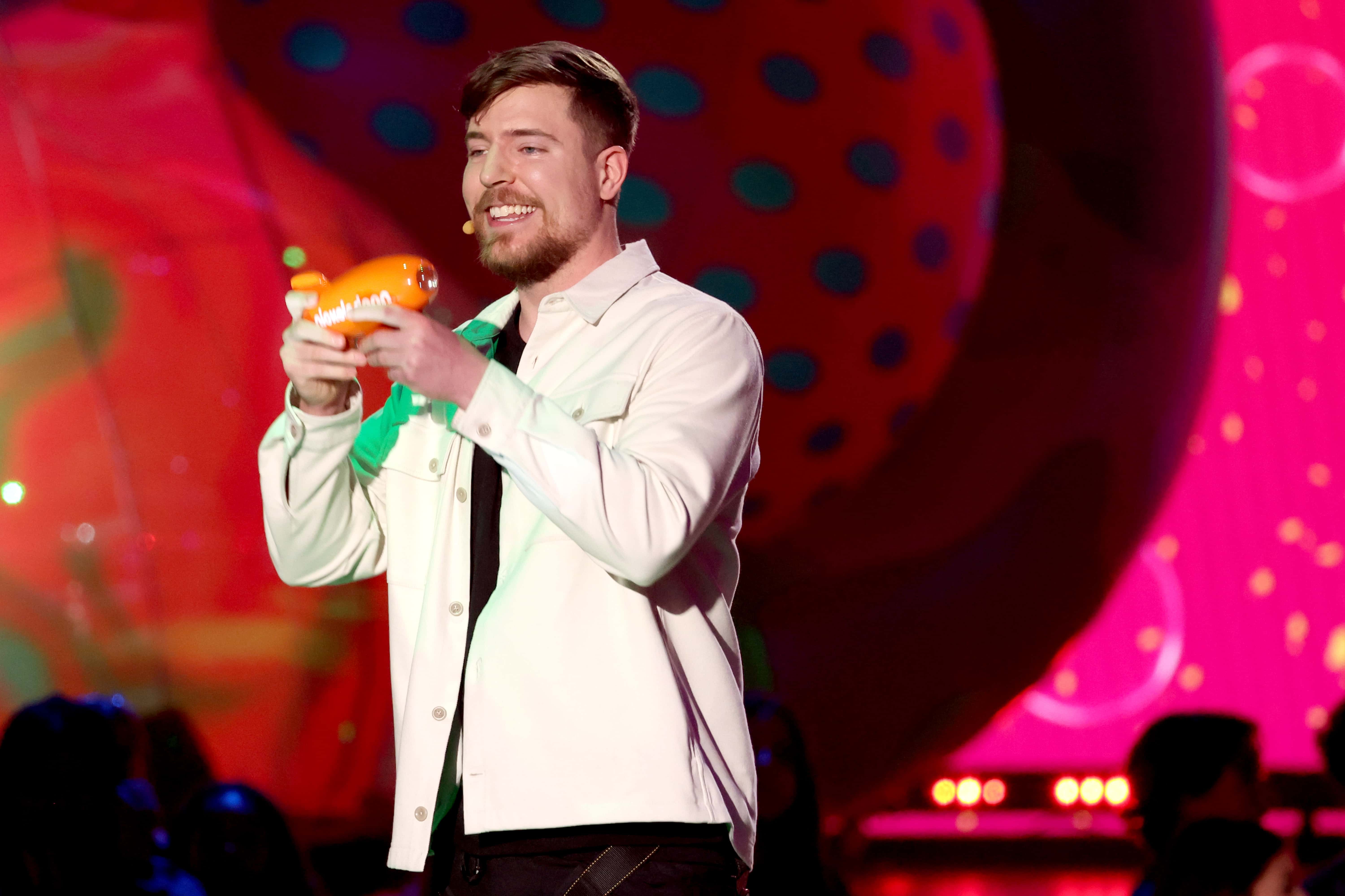 MrBeast accepts the Favorite Male Creator award onstage during the 2023 Nickelodeon Kids' Choice Awards at Microsoft Theater on March 04, 2023 in Los Angeles, California.