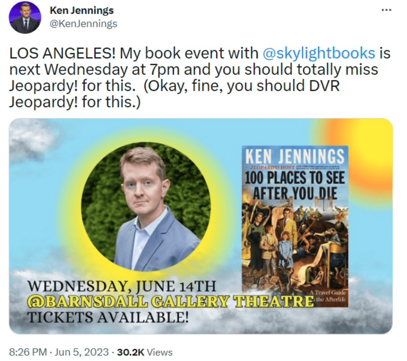 Ken Jennings's new book '100 places to see after you die' to be released in Los Angeles