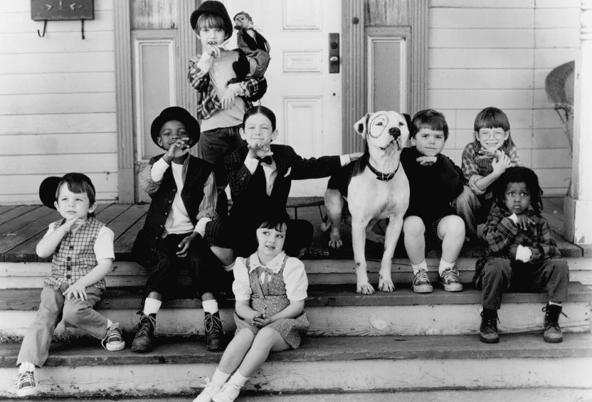 Ross Bagley, Bug Hall, Brittany Ashton Holmes, Zachary Mabry, Courtland Mead, Petey, Travis Tedford, Jordan Warkol, Kevin Jamal Woods, and Elmer in The Little Rascals (1994) (Universal Pictures)