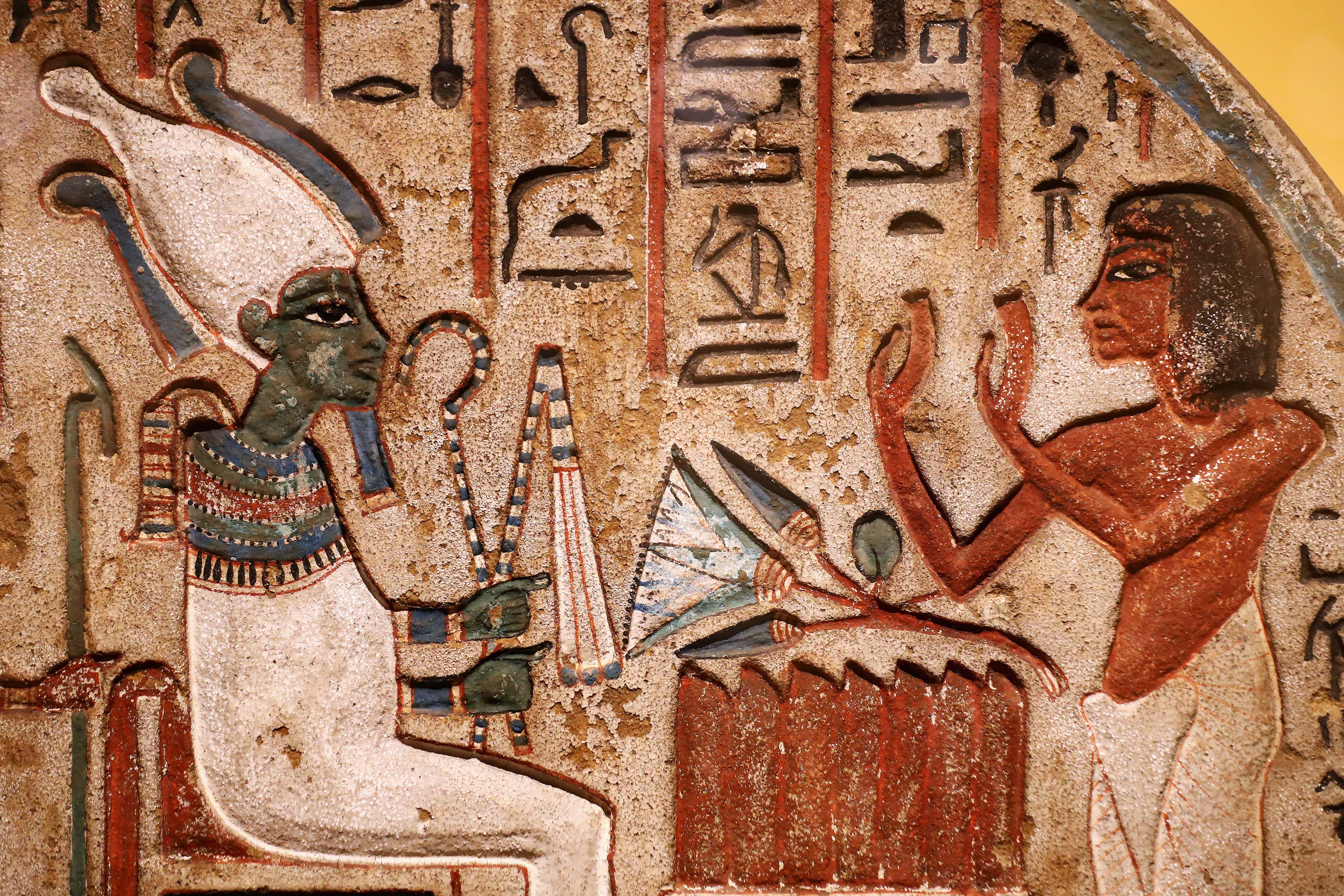 A detailed view of a piece found in the grave goods of Stela of Nakhi displayed in the 'Queens of the Nile' Exhibition held at the National Museum of Antiquities or Rijksmuseum van Oudheden on November 30, 2016 in Leiden, Netherlands.  With 350 prized Egyptian pieces, including royal portraits, statues of deities, sophisticated jewellery, amulets and precious utensils, plus the sarcophagus and grave goods of Queen Nefertari, from the Museo Egizio in Turin. This is the first time that such a large exhibition on the queens of Egypt has been organised in the Netherlands. Queens of the Nile will run until 17 April 2017.