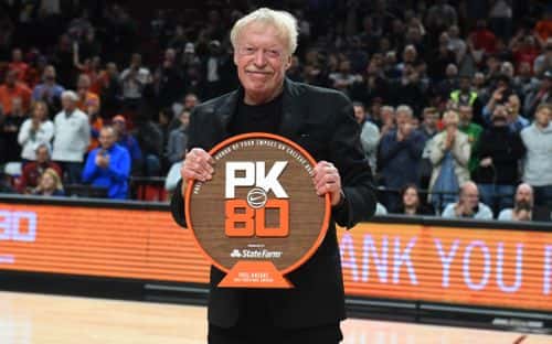 Nike co-founder Phil Knight accepts an award during the the first half of the game between the Florida Gators and the Duke Blue Devils during the PK80-Phil Knight Invitational presented by State Farm at the Moda Center on November 26, 2017 in Portland, Oregon.