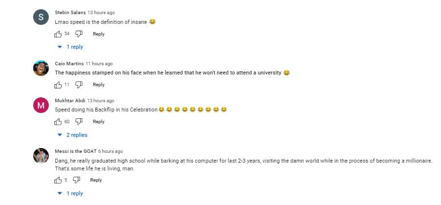 Comments left on Speed's backflip during his graduation ceremony (LiveSpeedy/YouTube)