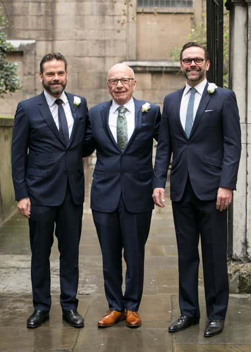 Rupert Murdoch arrives at St Bride's Church in London accompanied by his sons James (right) and Lachlan (left) for a ceremony of celebration a day after the media mogul officially married Jerry Hall. on March 5, 2016 in London, England.