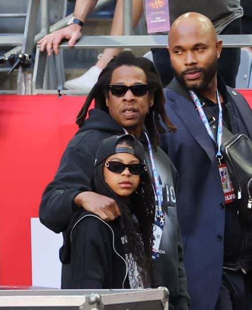 Jay-Z and Blue Ivy Carter attend the Super Bowl LVII Pregame at State Farm Stadium on February 12, 2023 in Glendale, Arizona.