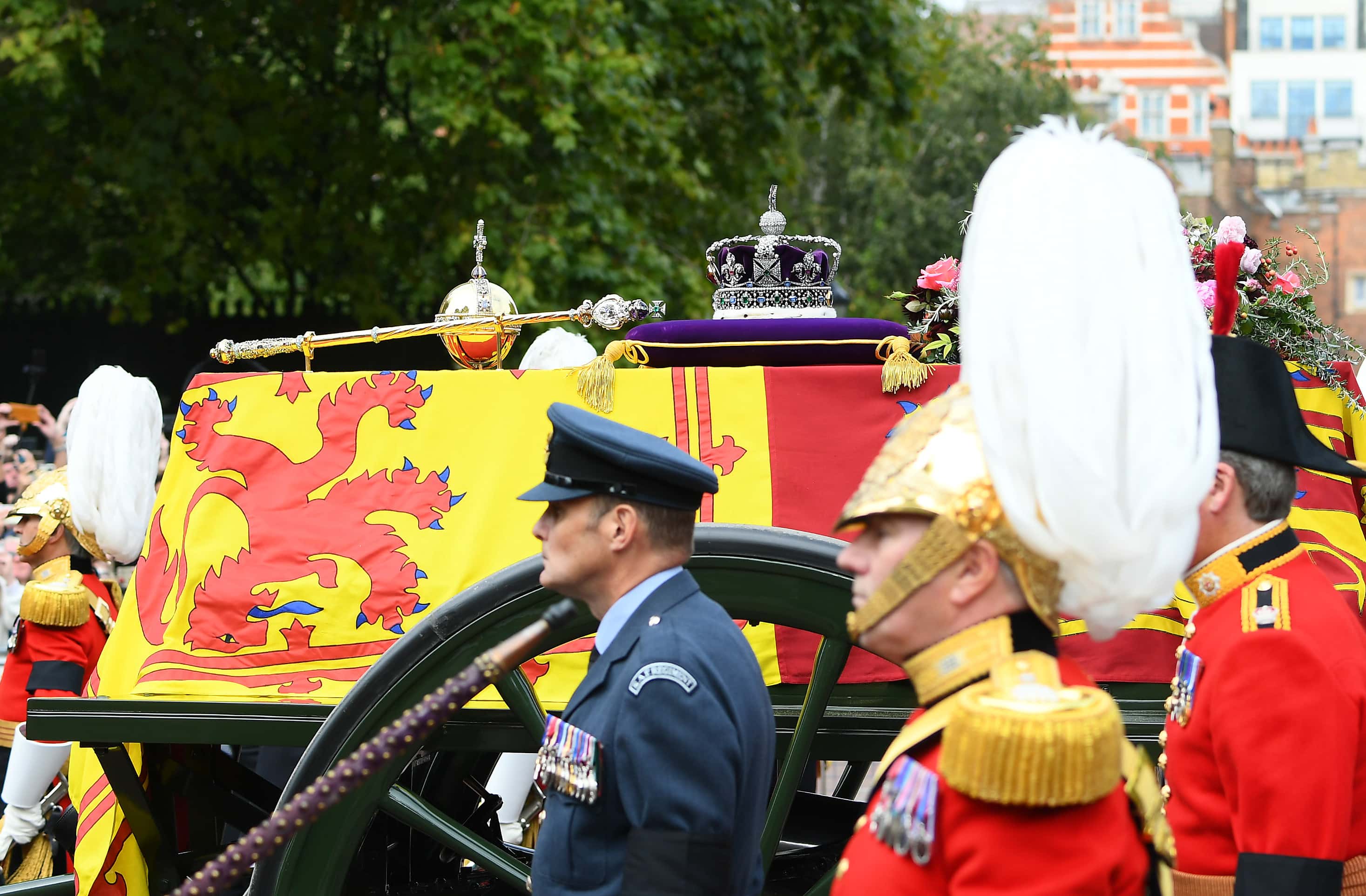 The coffin of Queen Elizabeth II with the Imperial State Crown resting on top, borne on the State Gun Carriage of the Royal Navy is followed by members of the royal family on September 19, 2022 in London, England. Elizabeth Alexandra Mary Windsor was born in Bruton Street, Mayfair, London on 21 April 1926. She married Prince Philip in 1947 and ascended the throne of the United Kingdom and Commonwealth on 6 February 1952 after the death of her Father, King George VI. Queen Elizabeth II died at Balmoral Castle in Scotland on September 8, 2022, and is succeeded by her eldest son, King Charles III.