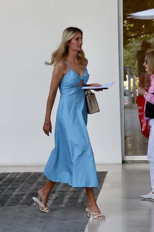 Ivanka was dressed wearing a light blue summer frock featuring a front cutout and a tied knot at the bust (Backgrid)