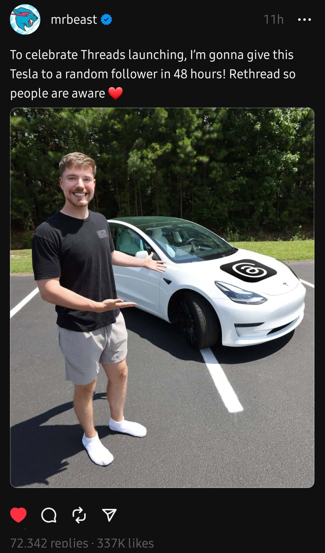 MrBeast with a Tesla car, with a Threads logo sticker on it (@mrbeast/Threads)