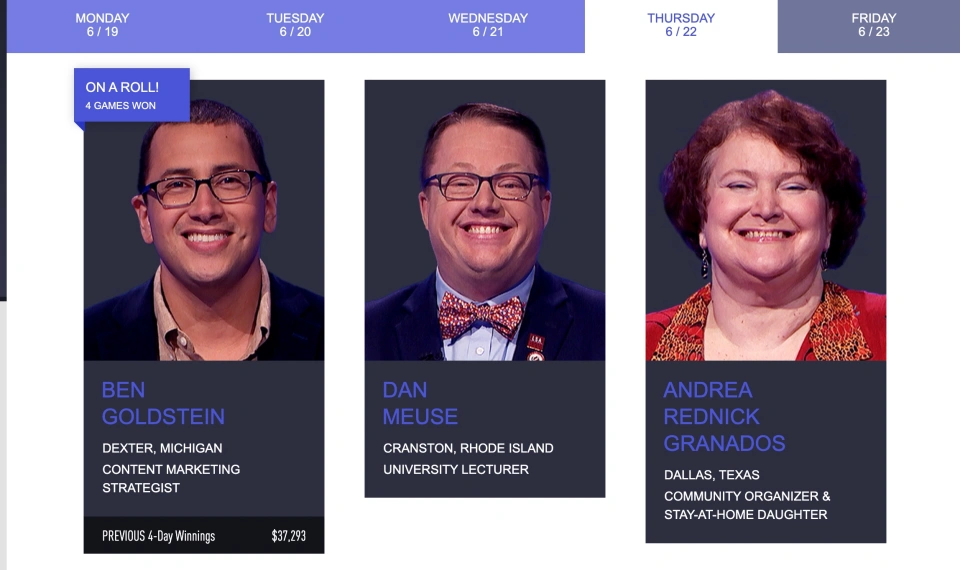The competing contestants on the recent episode along with their job descriptions ('Jeopardy'/NBC)