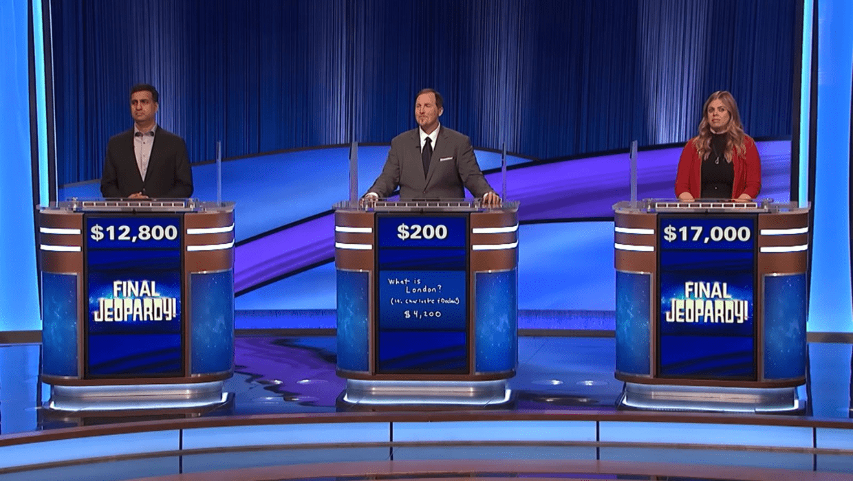 'Jeopardy!' contestant and newcomer Allison Strekal dominated most of the game alongside competitors Suresh Krishna and David Ford (@jeopardy!/YouTube)
