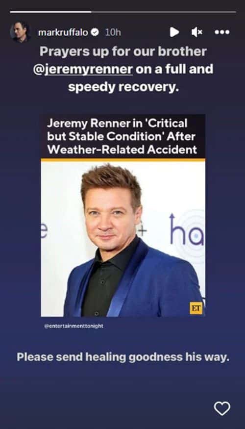 The ‘Now You See Me’ actor, 55, shared a touching message about his long-time Marvel co-star on his Instagram stories on Tuesday, January 03 (Mark Ruffalo/Instagram)