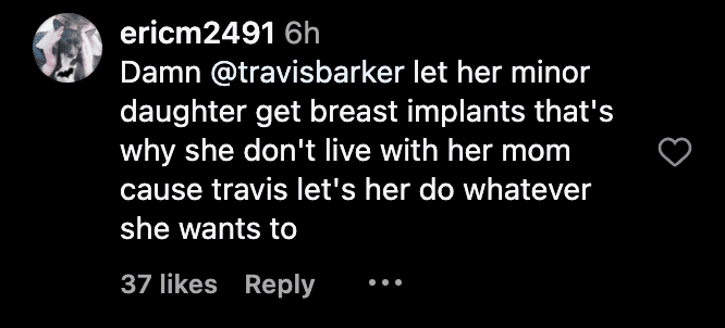 Troll accuses Alabama Barker of getting breast implants at 17 in the comment section of her post (@alabamaluellabarker/Instagram)