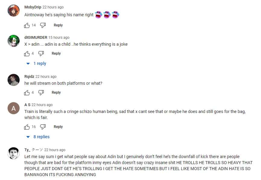 Comments left of xQc, Trainwrect and Adin Ross, (xQc clips/YouTube)