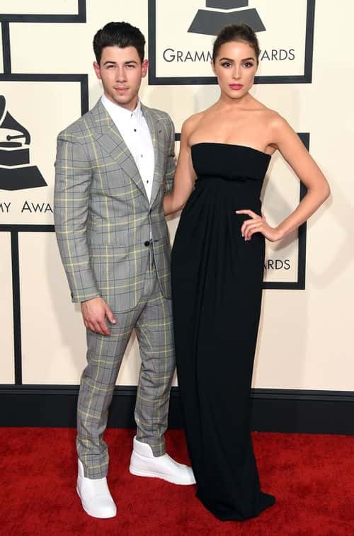 Musician Nick Jonas (L) and model Olivia Culpo attend The 57th Annual GRAMMY Awards at the STAPLES Center on February 8, 2015 in Los Angeles, California.