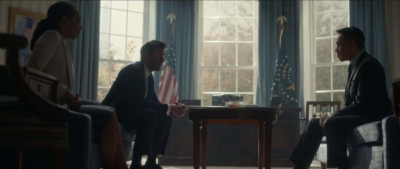 A still from 'Jack Ryan' starring John Krasinski as Jack Ryan, Betty Gabriel as Elizabeth Wright and David Bedella as President Bachler (Prime Video)