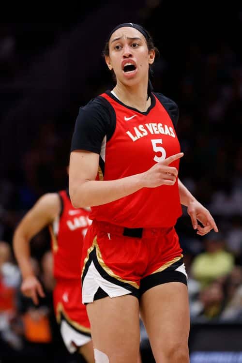 Dearica Hamby #5 of the Las Vegas Aces reacts against the Seattle Storm during the first quarter in Game Four of the 2022 WNBA Playoffs semifinals at Climate Pledge Arena on September 06, 2022 in Seattle, Washington.