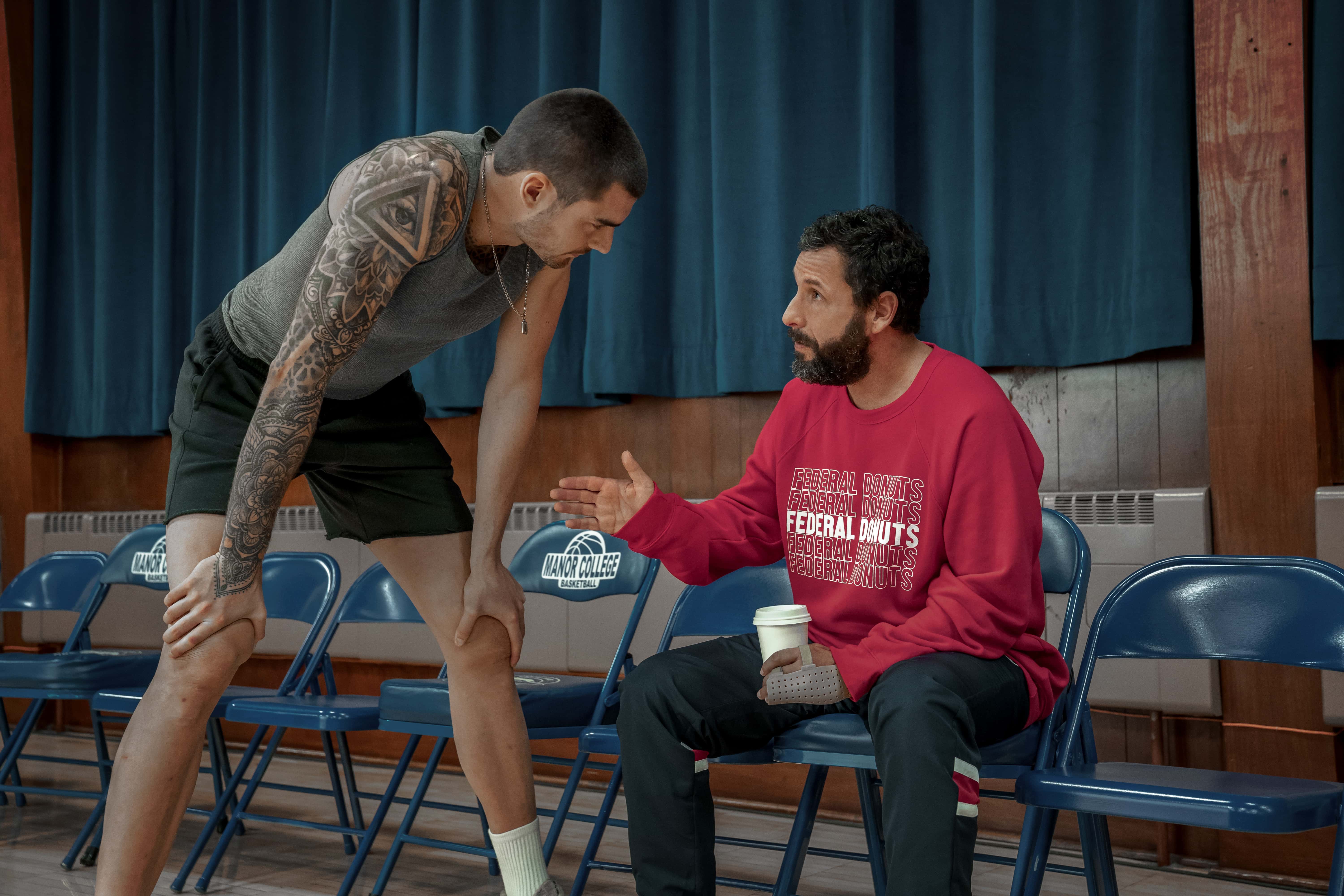Juancho Hernangomez as Bo Cruz and Adam Sandler as Stanley Sugerman in Hustle. (Scott Yamano/Netflix)