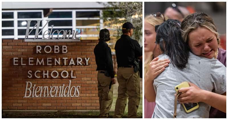 UVALDE, TEXAS - MAY 25: Community members embrace and mourn together at a vigil for the 21 victims in the mass shooting at Robb Elementary School on May 25, 2022 in Uvalde, Texas. Nineteen students and two adults were killed, with the gunman fatally shot by law enforcement.  (Photo by Brandon Bell/Getty Images)