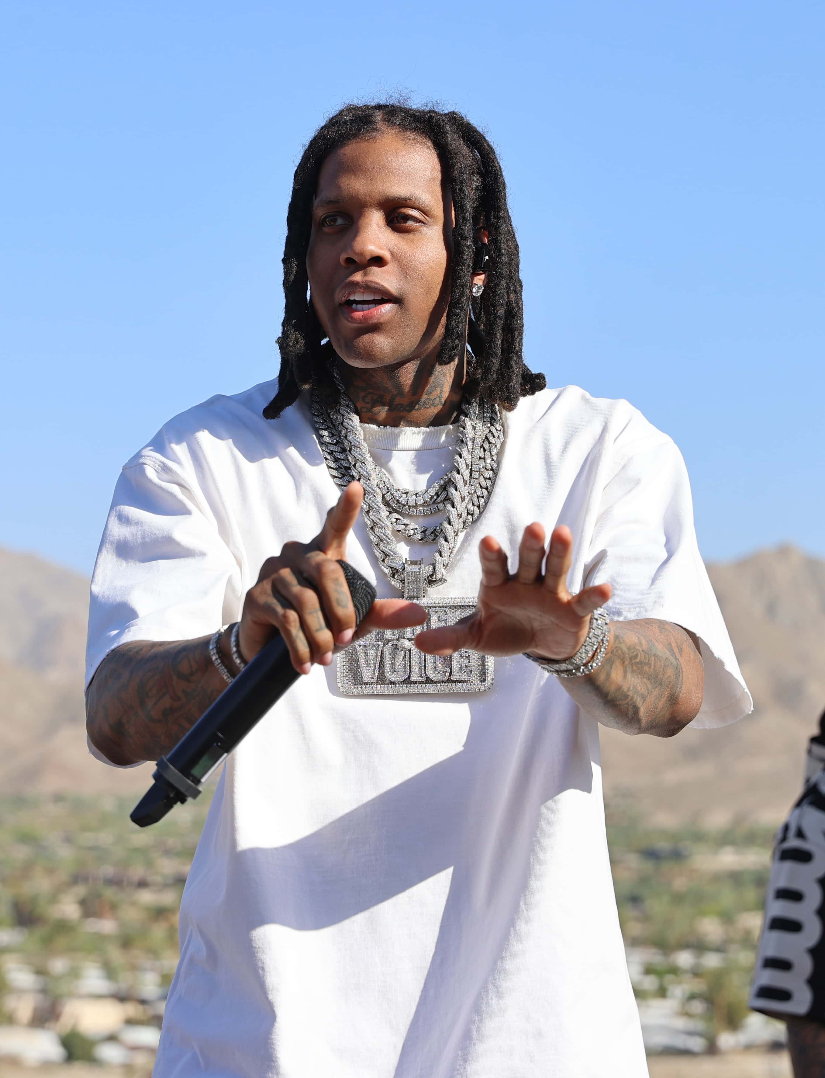 Lil Durk performs at the Marc Jacobs & i-D 'The Pre-Party' at Viking Villa on April 15, 2023 in Palm Springs, California.