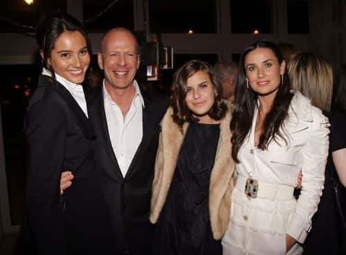 (L-R) Actress Emma Hemming, actor Bruce Willis, his daughter Tallulah Belle Willis, and her mother actress Demi Moore attend the after party for the screening of