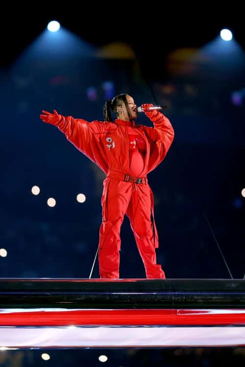 Rihanna performs onstage during the Apple Music Super Bowl LVII Halftime Show at State Farm Stadium on February 12, 2023 in Glendale, Arizona.