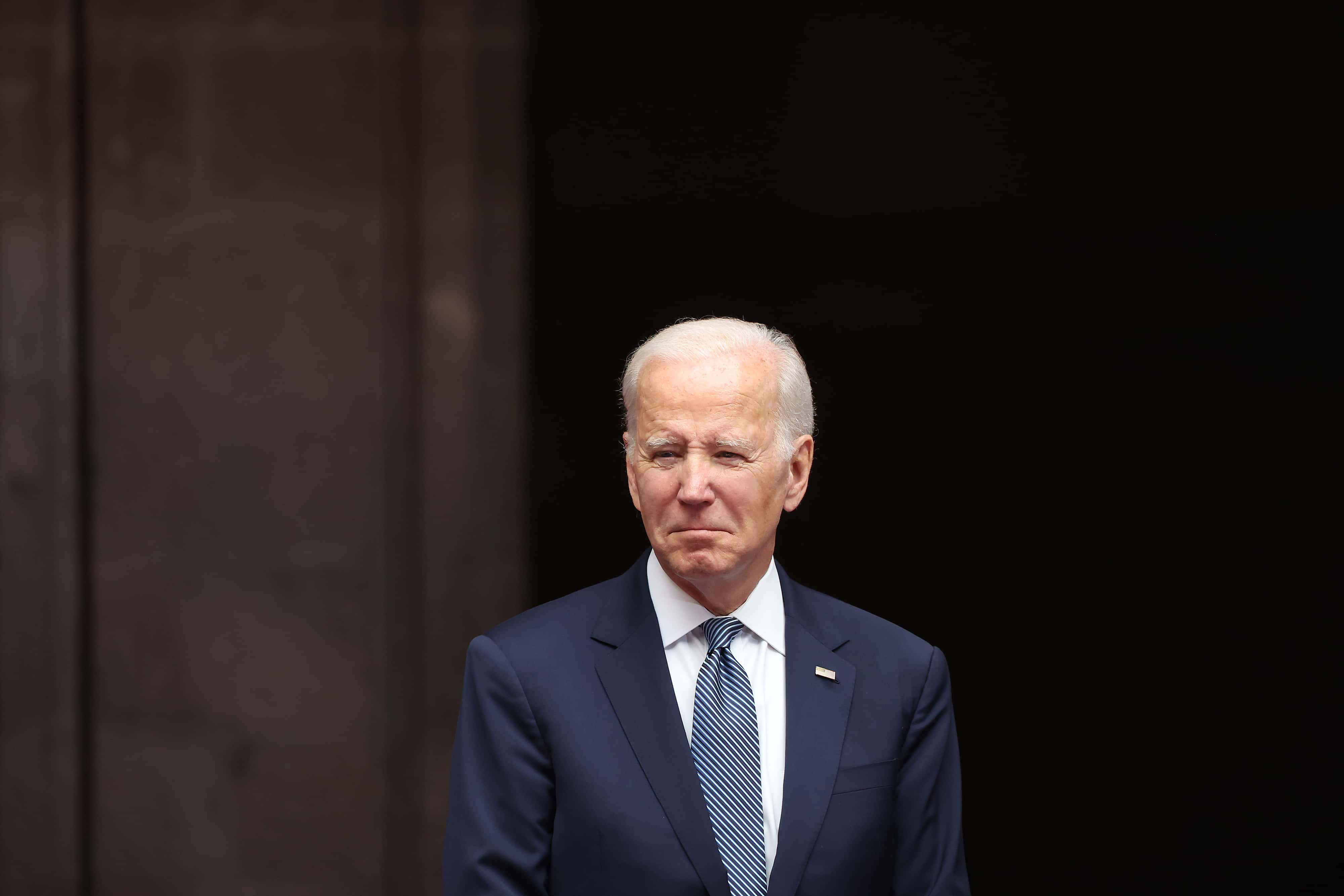 MEXICO CITY, MEXICO - JANUARY 09: U.S. President Joe Biden looks on during a welcome ceremony as part of the '2023 North American Leaders' Summit at Palacio Nacional on January 09, 2023 in Mexico City, Mexico. President Lopez Obrador, USA President Joe Biden and Canadian Prime Minister Justin Trudeau gather in Mexico from January 9 to 11 as part of the 10th North American Leaders' Summit. The agenda includes topics on the climate change, immigration, trade and economic integration, security among others. (Photo by Hector Vivas/Getty Images)