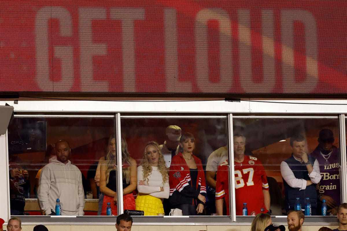 Brittany Mahomes (3 from L) Taylor Swift (C) and Travis Kelce's dad (3 from R) look on during the game between the Kansas City Chiefs and the Denver Broncos at GEHA Field at Arrowhead Stadium on October 12, 2023 in Kansas City, Missouri. (Photo by David Eulitt/Getty Images)