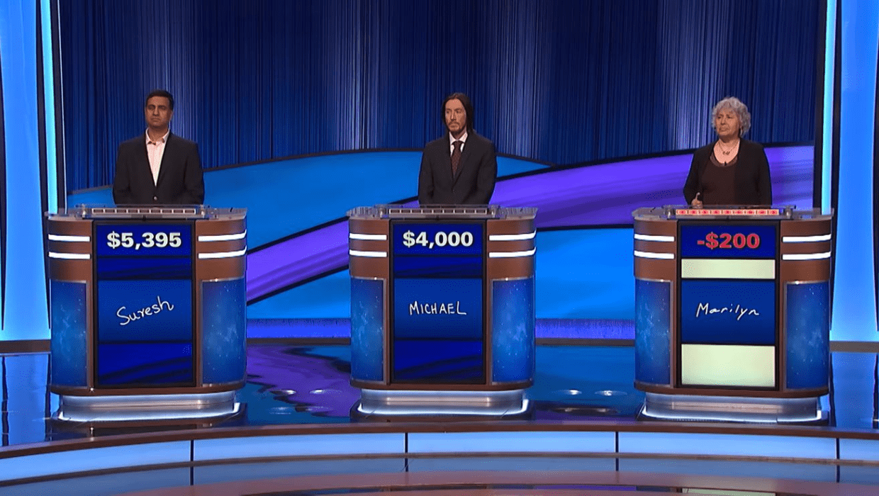 'Jeopardy!' contestants Suresh Krishnan, Michael Vallaley, and Marilyn Singer had a tough faceoff on Monday's episode (@jeopardy/YouTube)