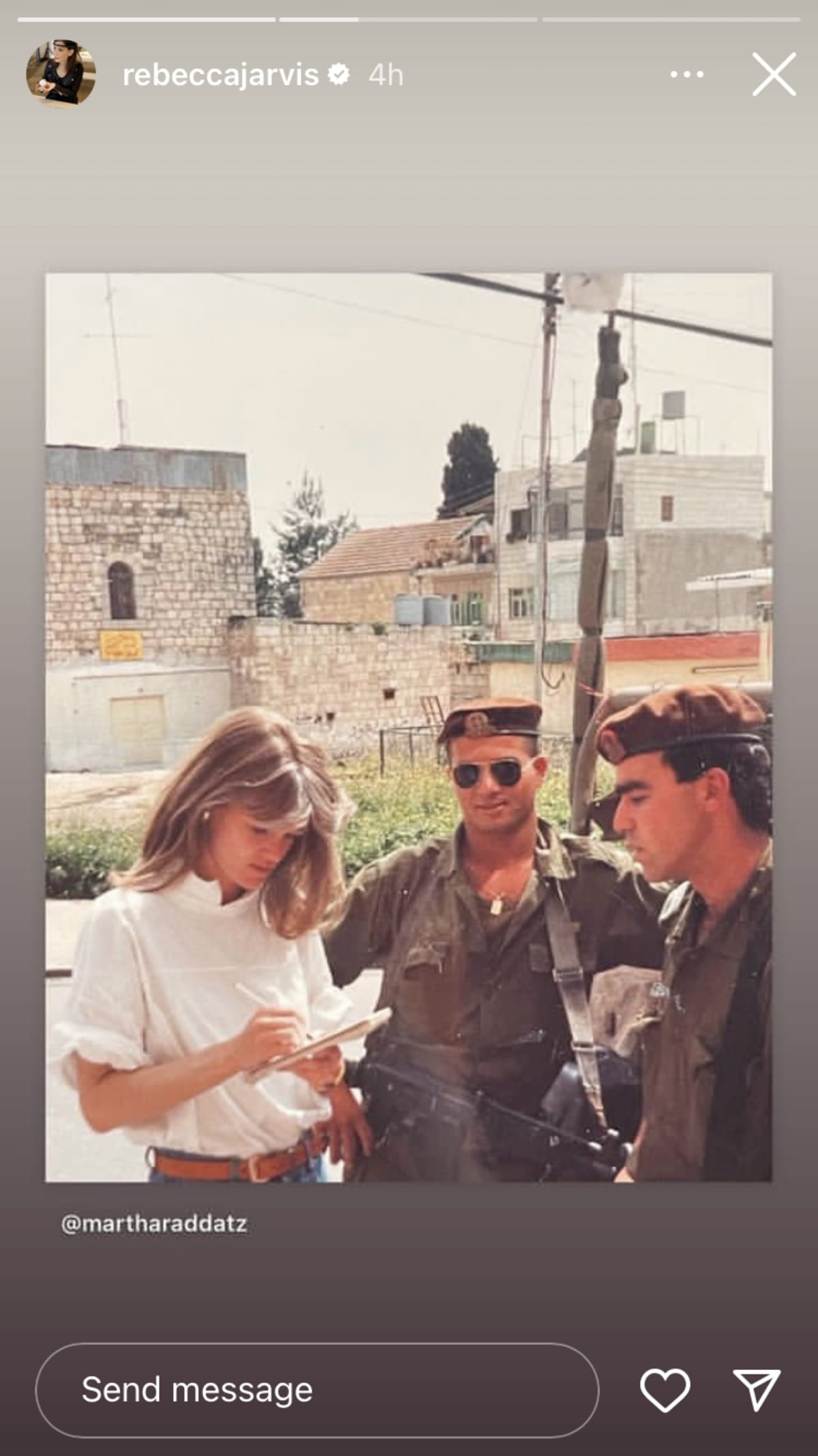 Rebecca Jarvis also followed the footsteps of her co-stars Ginger Zee and Gio Benitez and shared Martha Raddatz's Israel snap (@rebeccajarvis/Instagram)