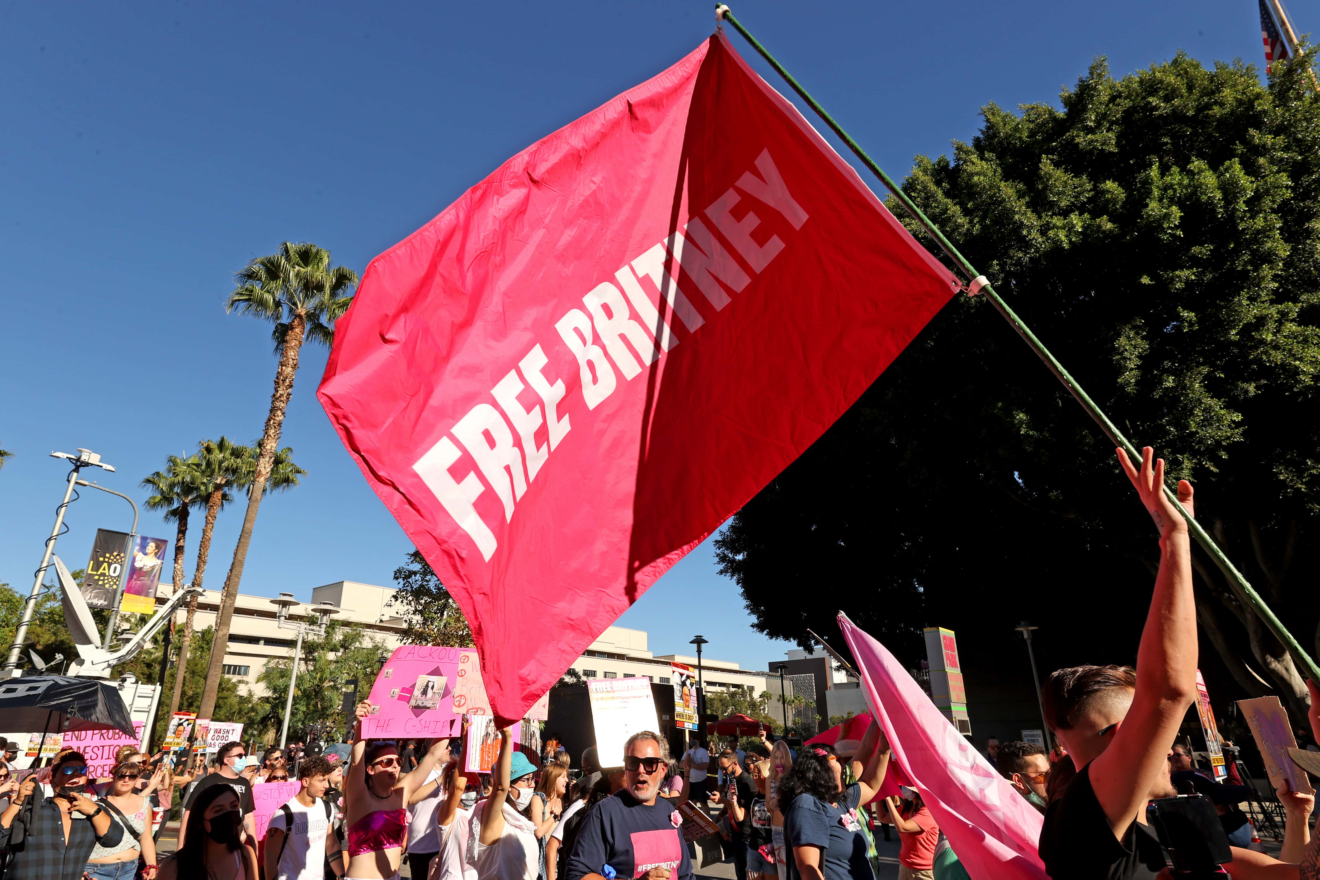 Protestors are seen at the #FreeBritney Termination Rally on November 12, 2021 in Los Angeles, California.