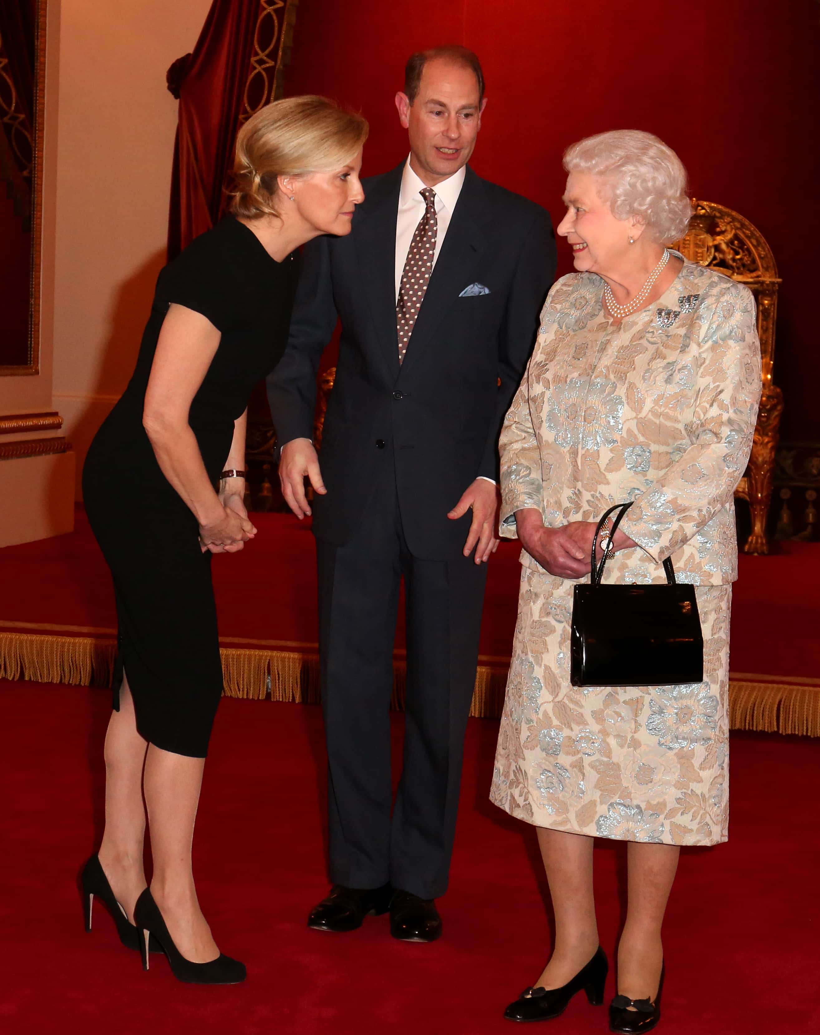 Queen Elizabeth II (R) with Sophie, Countess of Wessex and Prince Edward, Earl of Wessex during her reception to celebrate the patronages & affiliations of the Earl and Countess of Wessex at Buckingham Palace on February 10, 2015 in London, England