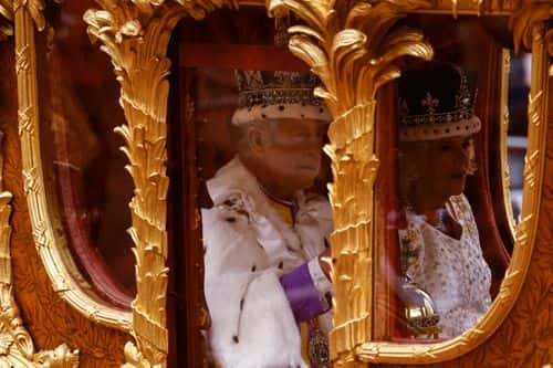 King Charles III and Queen Camilla travel in the Gold State Coach, following their coronation ceremony on May 6, 2023 in London, England. The Coronation of Charles III and his wife, Camilla, as King and Queen of the United Kingdom of Great Britain and Northern Ireland, and the other Commonwealth realms takes place at Westminster Abbey today. Charles acceded to the throne on 8 September 2022, upon the death of his mother, Elizabeth II.