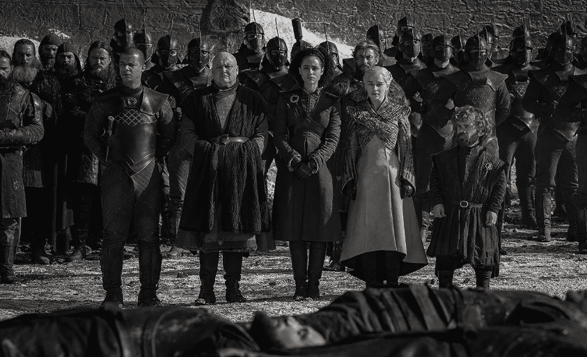 (R-L) Peter Dinklage, Conleth Hill, Jacob Anderson, Nathalie Emmanuel, Emilia Clarke, and Mark Quigley in Game of Thrones (2011) (IMDB)