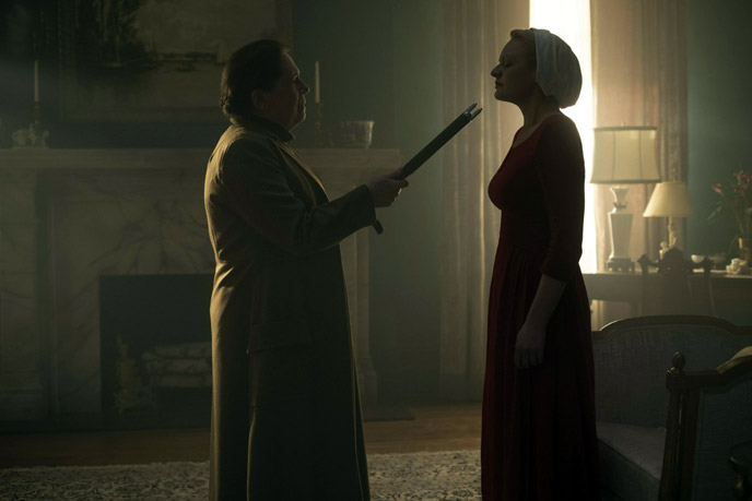A still from The Handmaid's Tale featuring Elizabeth Moss as Offred. (Source: Hulu)