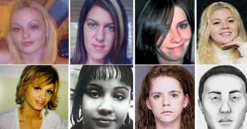 (L-R) Top Row: Melissa Barthelemy, Amber Lynn Costello, Maureen Brainard-Barnes, and Megan Waterman: (2nd Row L-R) Shannan Gilbert, Jessica Taylor, Valerie Mack, and unidentified Asian male (Suffolk County Police, New York Post)