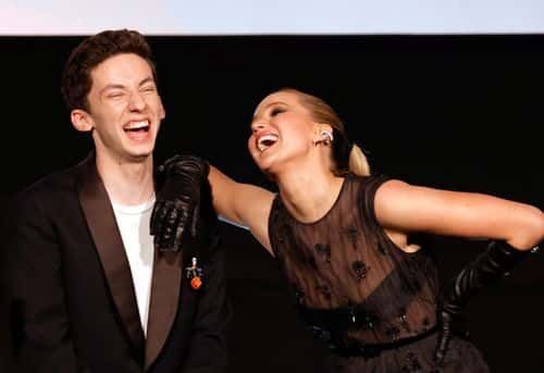 (L-R) Andrew Barth Feldman and Jennifer Lawrence attending the London premiere of Columbia Pictures' 'No Hard Feelings' at the Odeon Luxe Leicester Square on June 12, 2023 in London, England. The film will be released only in cinemas from 23 June 2023.