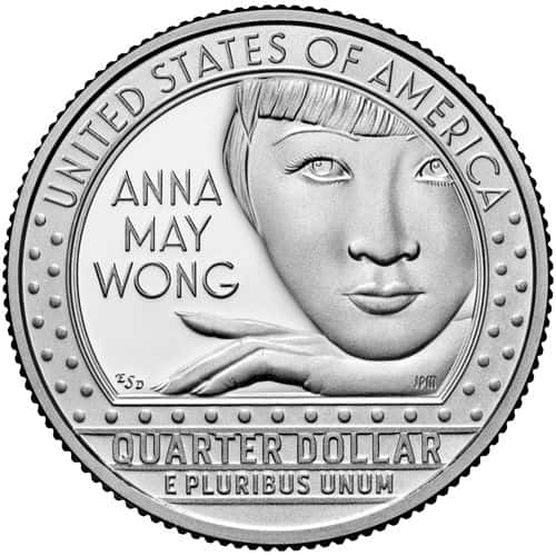 (EDITORIAL USE ONLY) In this handout photo provided by the U.S. Mint, a new US quarter dollar is seen featuring, Anna May Wong, the first Chinese American film star in Hollywood. The quarter is part of the American Women Quarters (AWQ) Program, The U.S. Mint has begun minting the first of 20 quarters honoring selected American women through 2025.