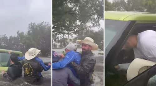 An elderly man was carried to safety by Good Samaritans in Bonita Springs, Florida, while another man collected some of the man's personal effects from the car, after flooding from Hurricane Ian trapped him inside his car. And the other (@colliercountycowboys_ via Storyful)