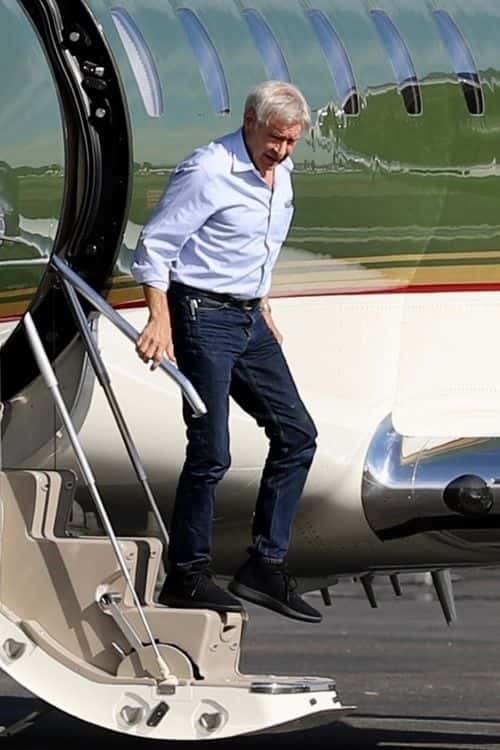Harrison Ford seen exiting his jet. (Backgrid)